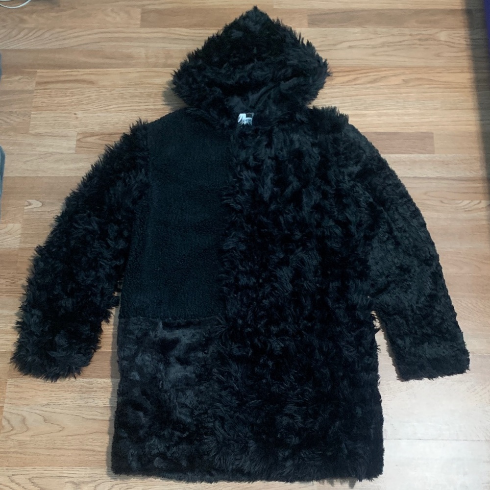 Topman Black Faux Fur Hooded Cape Coat